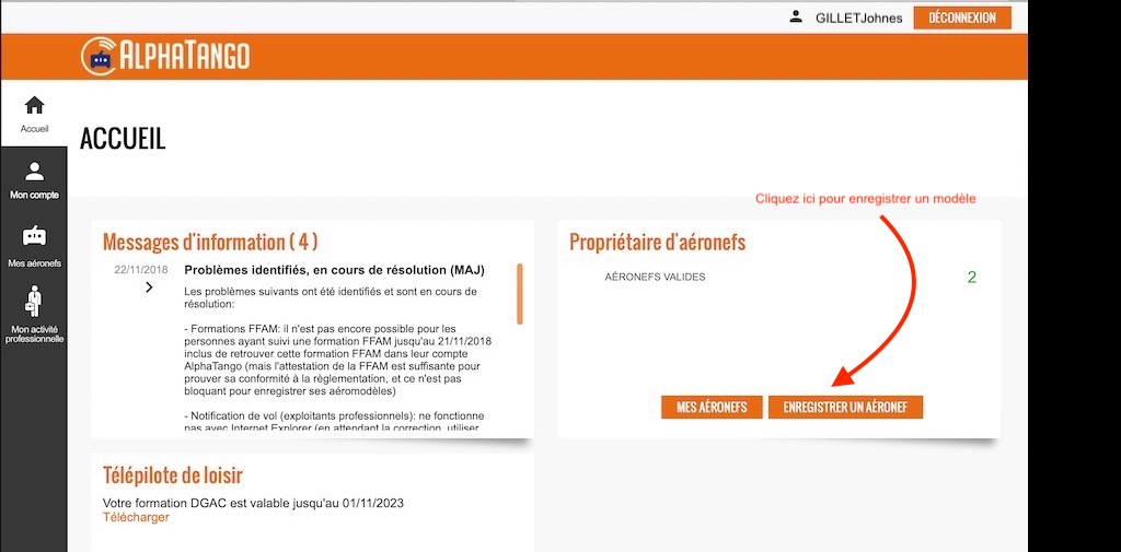 choisir le lien "enregistrer un aéronef"