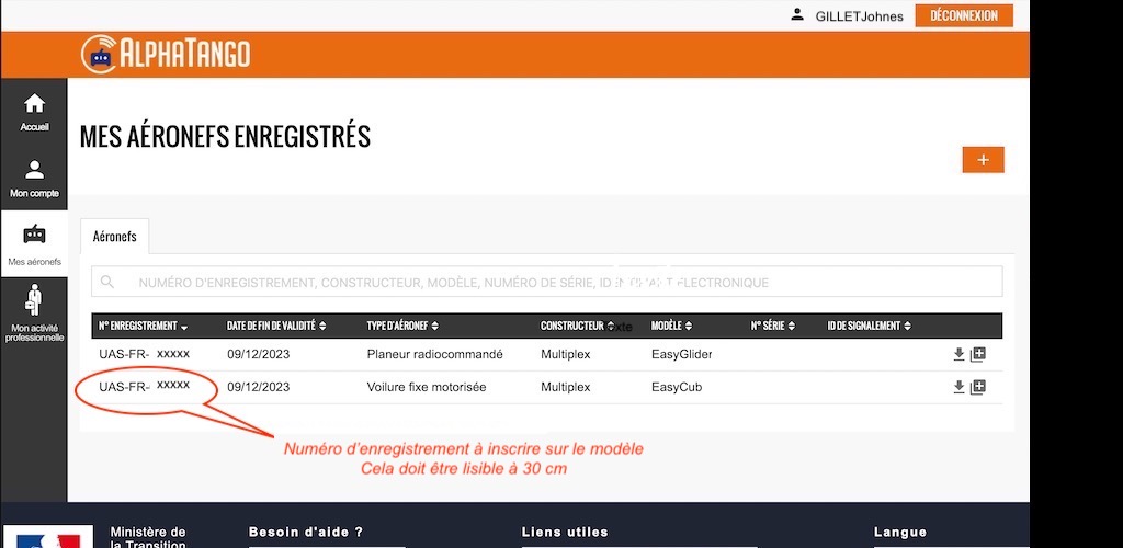 Le numéro UAS inscrit devra être copier sur une étiquette à coller sur votre modèle.