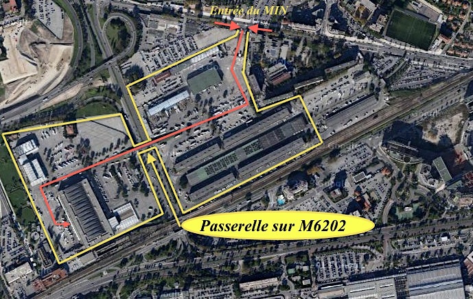 vue aérienne de l’accès au MIN de Nice, délimité par les lignes jaunes, les rouges pour l’itinéraire à suivre à l’intérieur