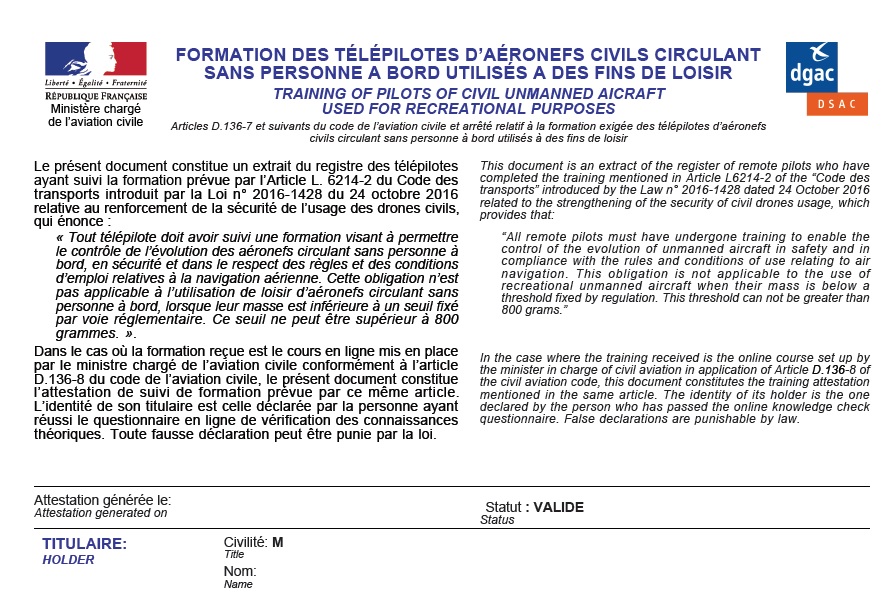 Example of issued certificate